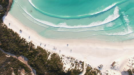 Beautiful-Chrystal-Clear-Water-and-White-Sand-Beach-in-Australia,-Wide-Drone-Tracking-Shot