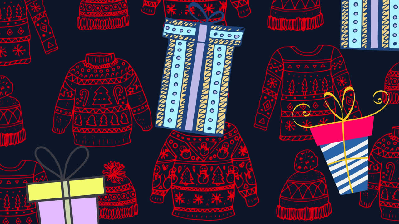 크리스마스 때 스웨터와 모자 위에 떨어지는 선물의 애니메이션