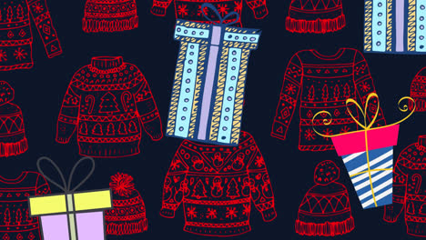 animation of presents falling over sweaters and caps at christmas