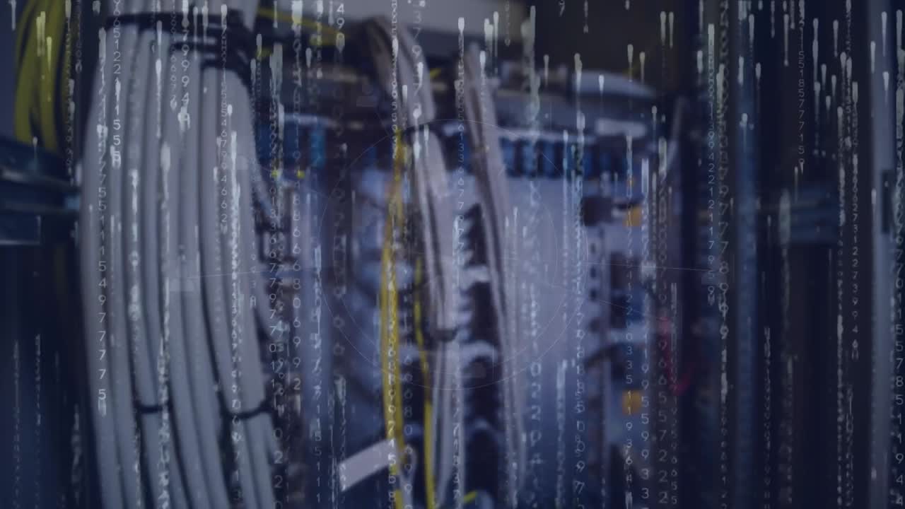 animación de codificación binaria y puntos de luz sobre el servidor