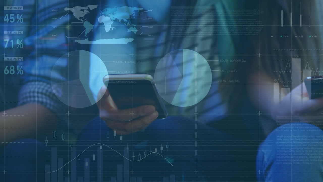 animación de gráficos e interfaz infográfica sobre diversas mujeres que utilizan teléfonos inteligentes