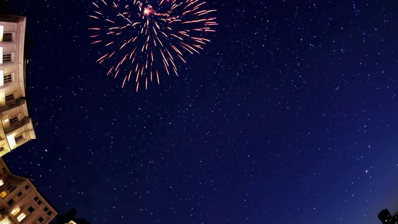 A mesmerizing video capturing fireworks bursting against a starry night sky, framed by buildings
