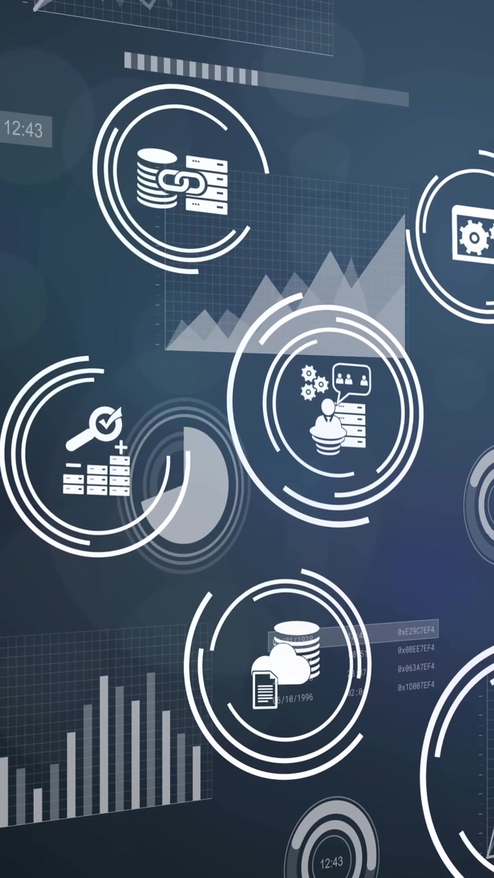Animation of icons and data processing on black background