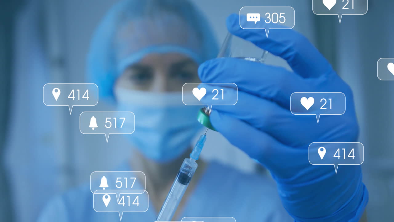 Medical professional drawing vaccine into syringe in clinical lab, showing floating social icons