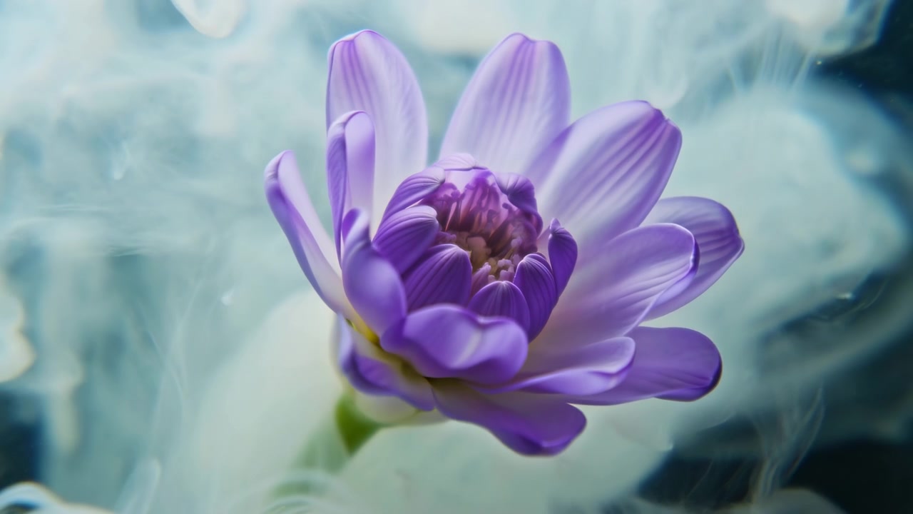 Un primo piano di un fiore viola in fiore, con petali violetti stratificati, si apre in primo piano, centrato su uno sfondo blu morbido e sfocato. La fredda luce naturale evidenzia trame delicate e un centro scuro, creando un'atmosfera primaverile calma e fresca, adatta per temi di natura, benessere e ambiente pacifico.