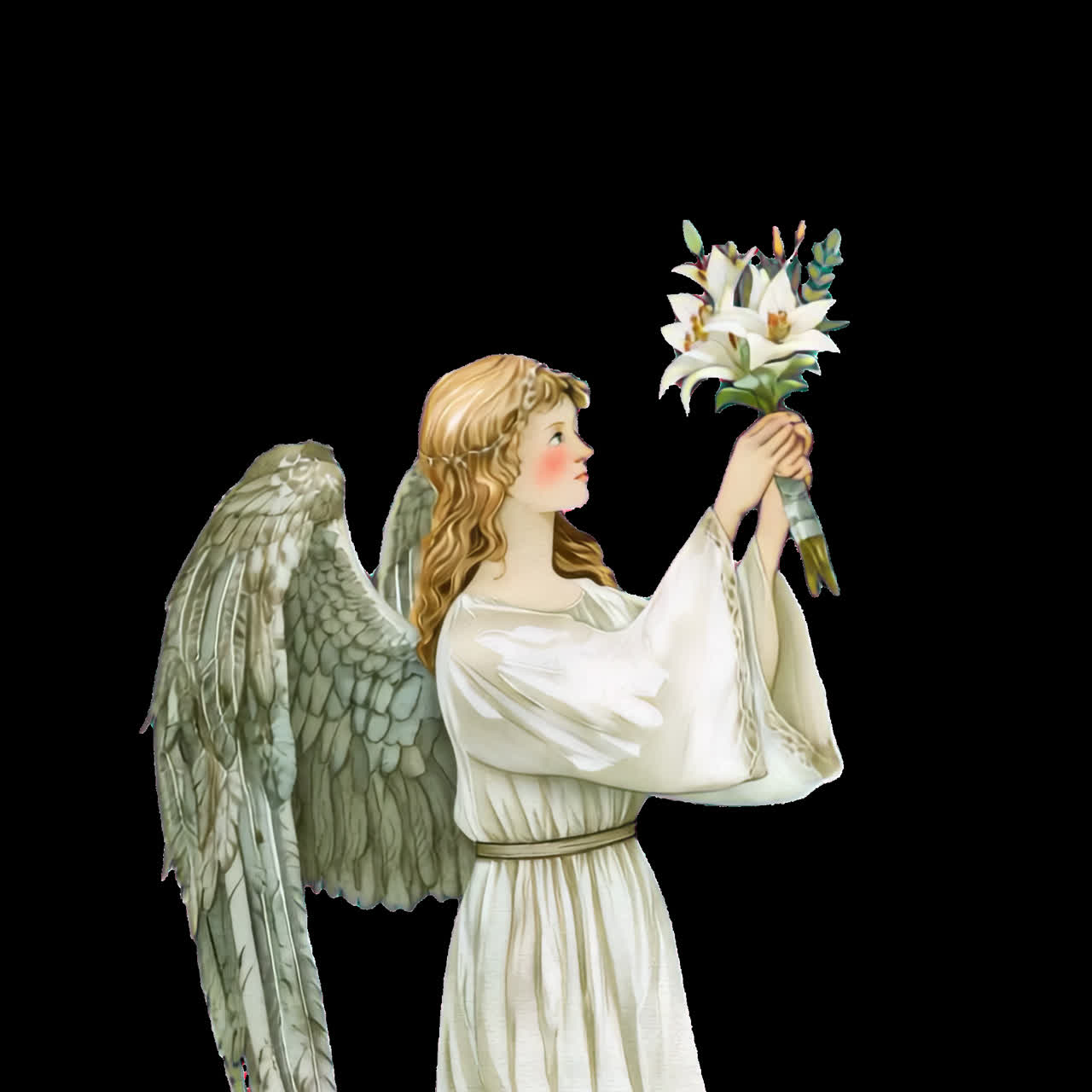 Elegant angel holding white flowers animation isolated asset, transparent 4K video, alpha channel