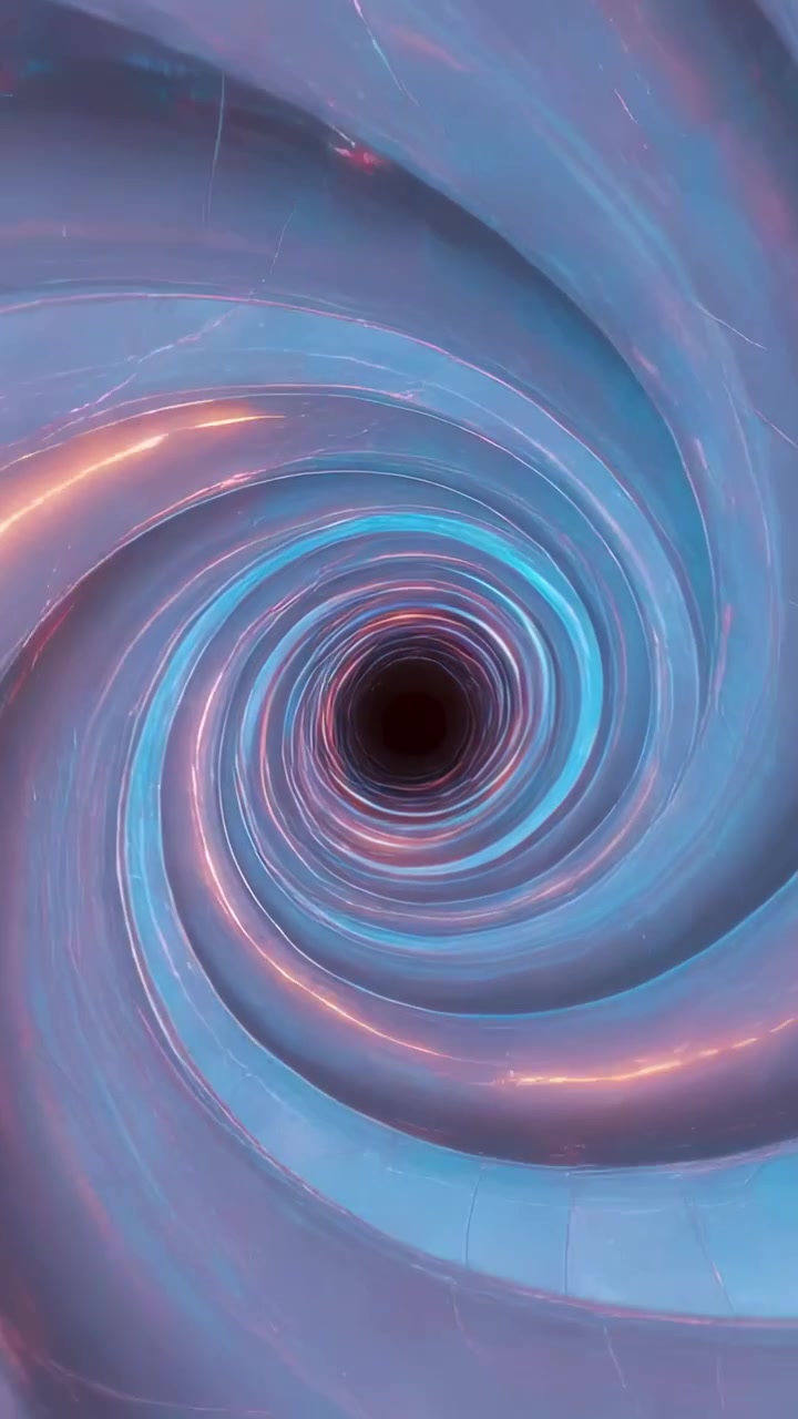 Video verticale: Telecamera che muove un nastro a spirale, attirando la vista in un nucleo nero all'interno di un tunnel digitale con scintille.