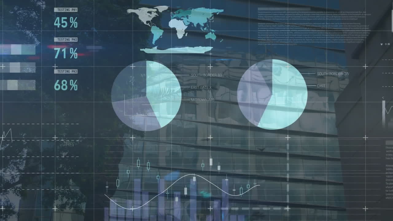 Animation of financial data processing over construction site
