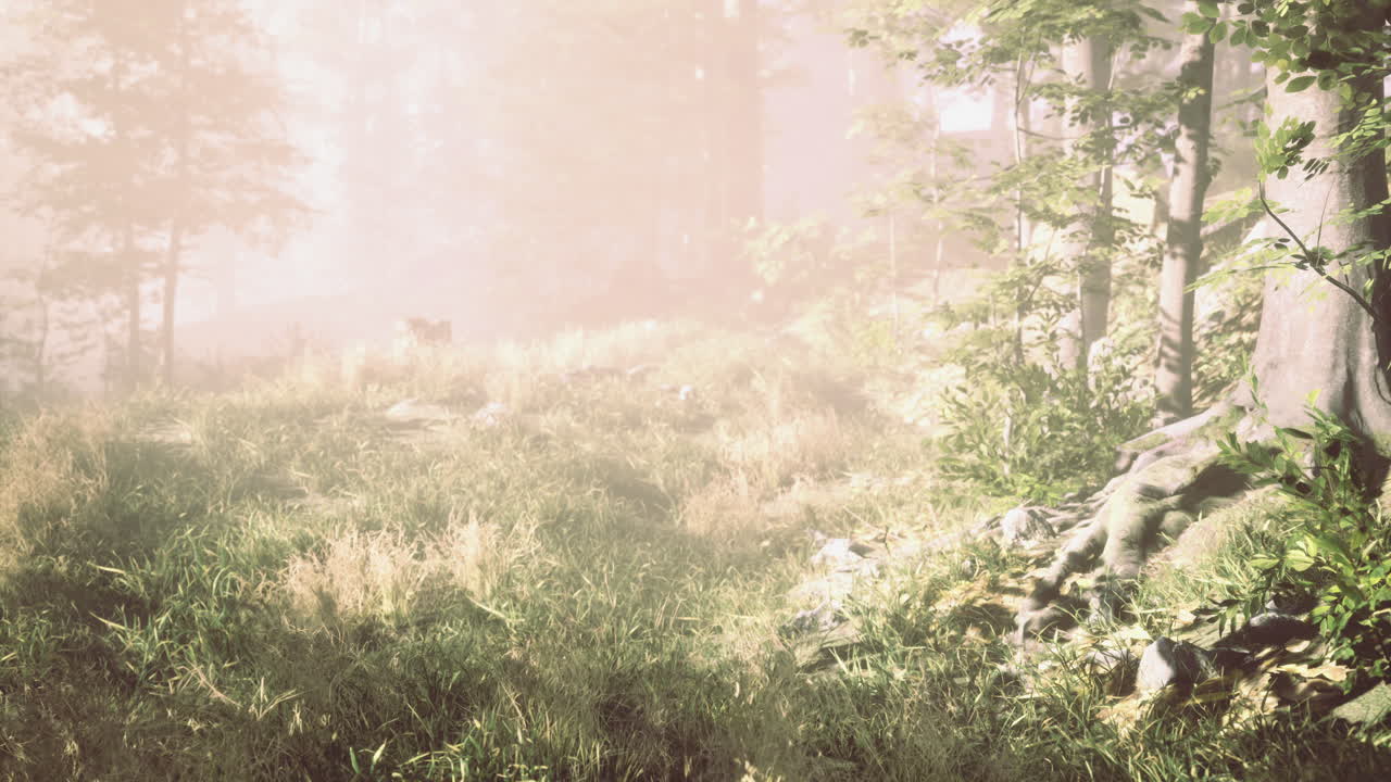 Majestic morning mist envelops a serene forest landscape at dawn