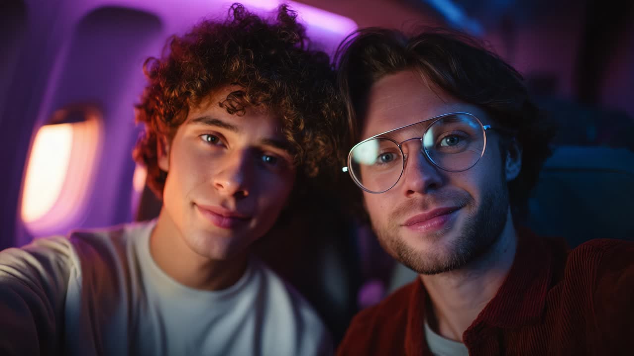 A Warm and Engaging Selfie Taken By Two Friends on a Flight, Capturing Their Excitement and Connection Against a Colorful, Ambient Background in an Airplane Setting During Their Journey Together