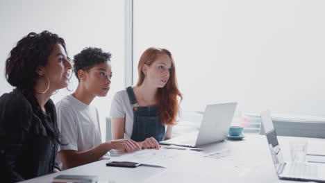 Ein-Team-Junger-Geschäftsfrauen-Trifft-Sich-Am-Tisch-Und-Bespricht-Dokumente-Oder-Pläne-In-Einem-Modernen-Arbeitsbereich