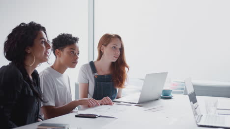team of young businesswomen meeting around table discussing document or plan in modern workspace