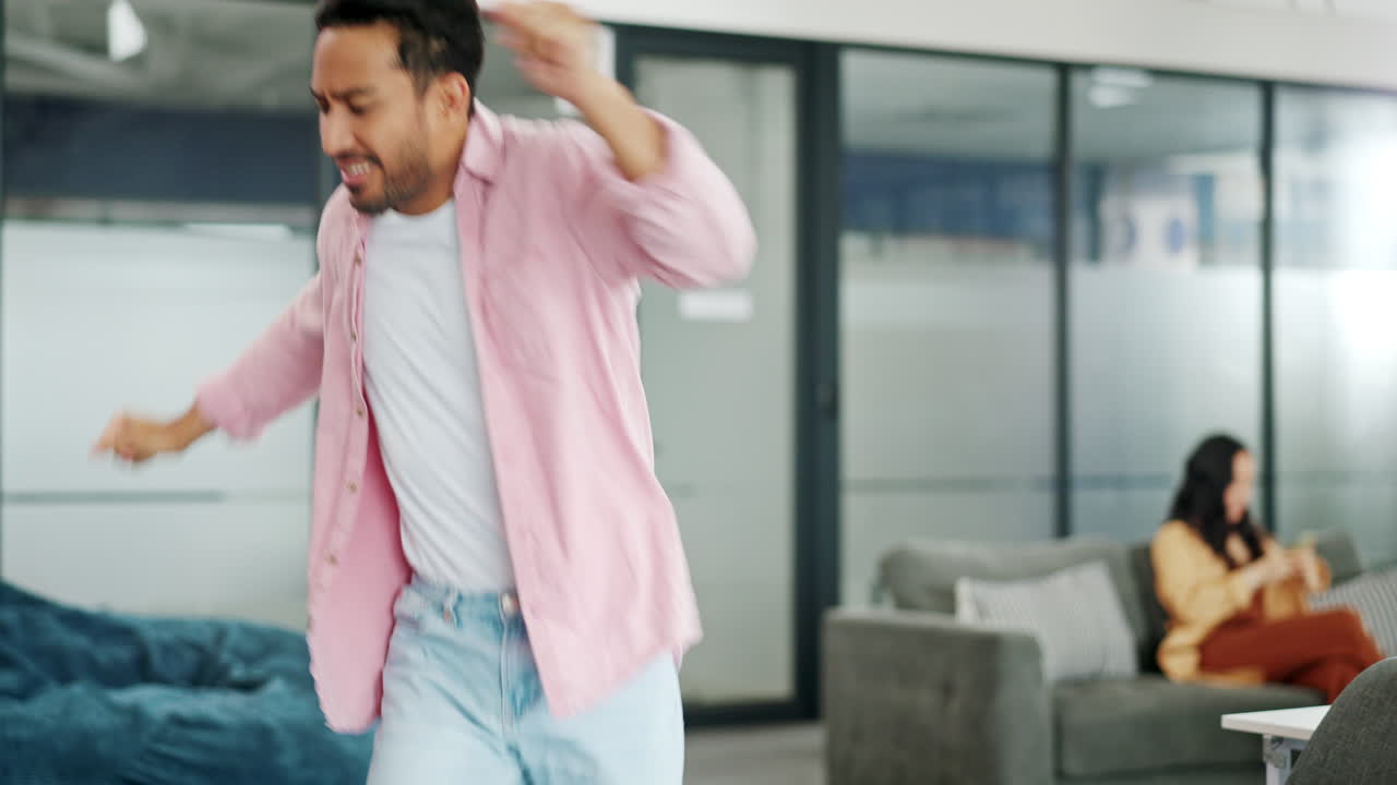 Office computer, dance and man celebrate financial