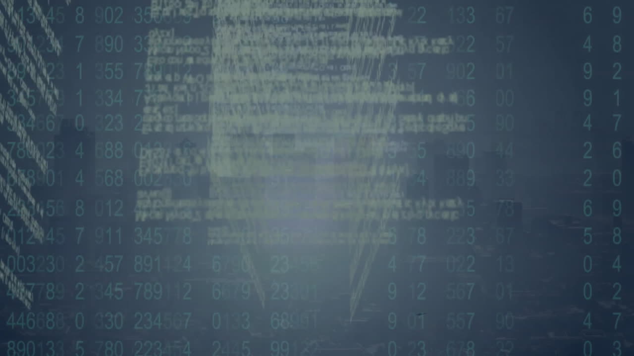 código binario y animación de procesamiento de datos sobre forma abstracta sobre fondo azul