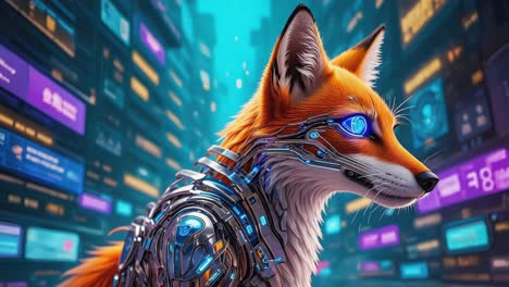 cyberpunk fox robot in futuristic cityscape