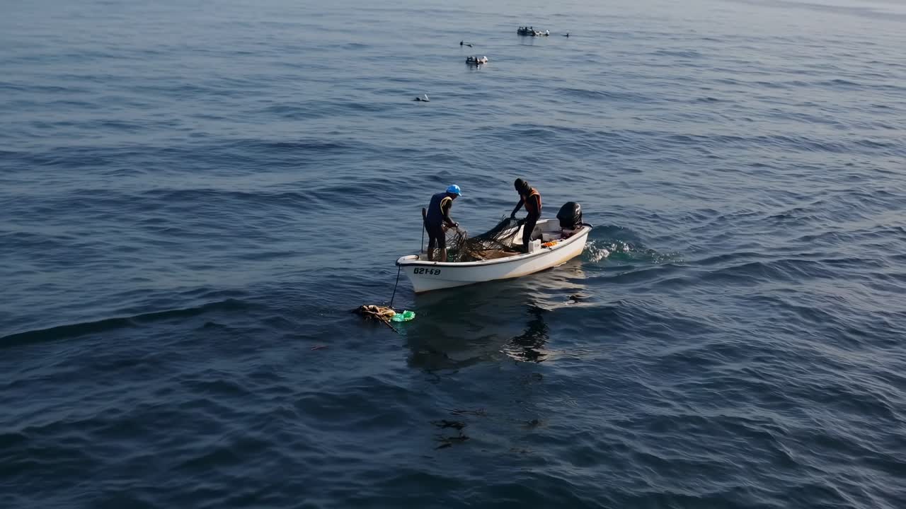 Un vídeo aéreo captura una escena marina serena con un pequeño bote y pescadores, enfatizando la tranquilidad.