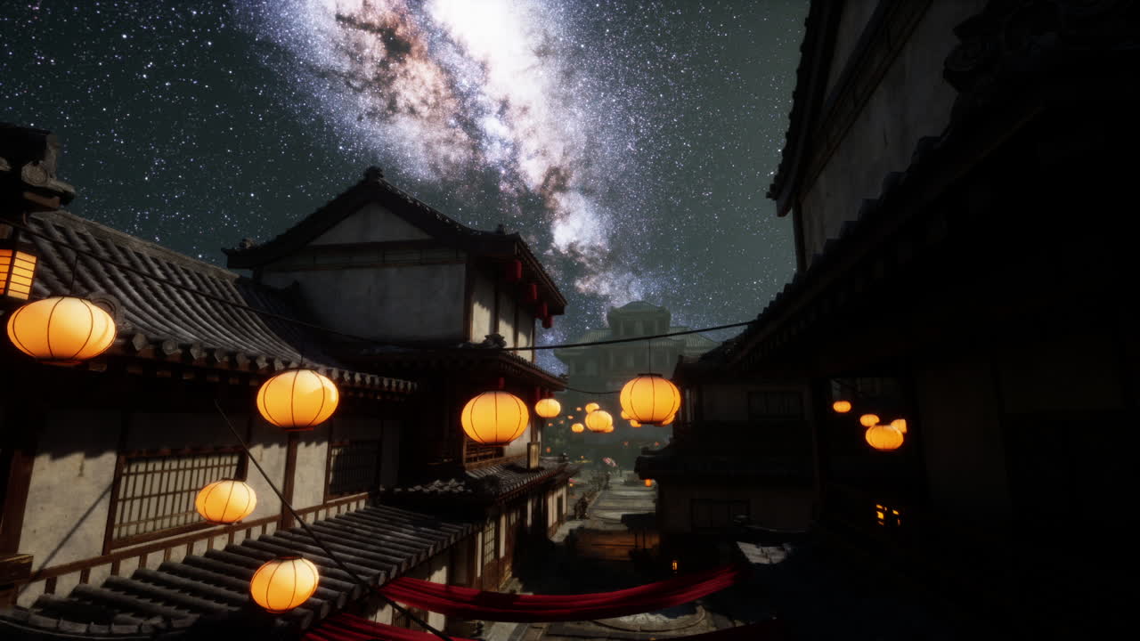 提灯で飾られた日本の伝統的な村の星明かりの夜
