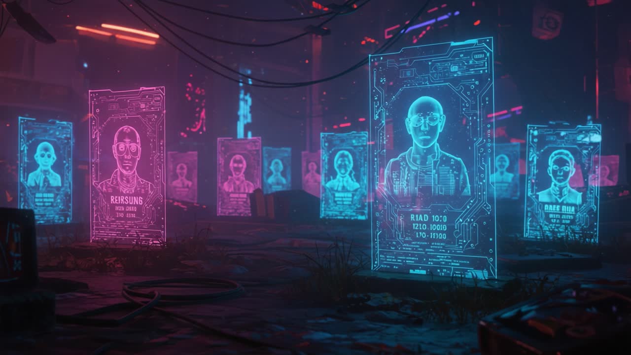 Futuristinen digitaalinen esittely, jossa on neonhologrammeja kyberpunk-ympäristössä ja jossa näkyy useita profiileja, korostaen edistynyttä teknologiaa ja virtuaalista identiteettiä