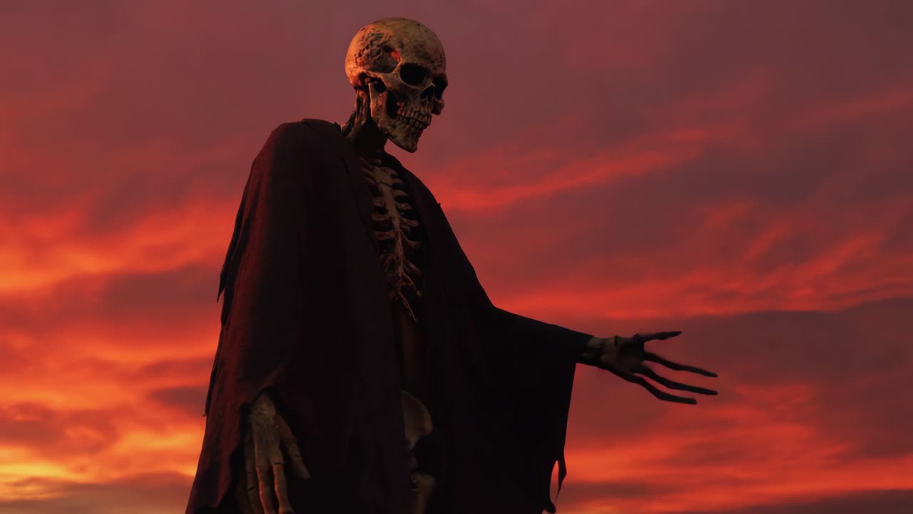 Ominous Skeleton Figure Against a Fiery Sunset Sky