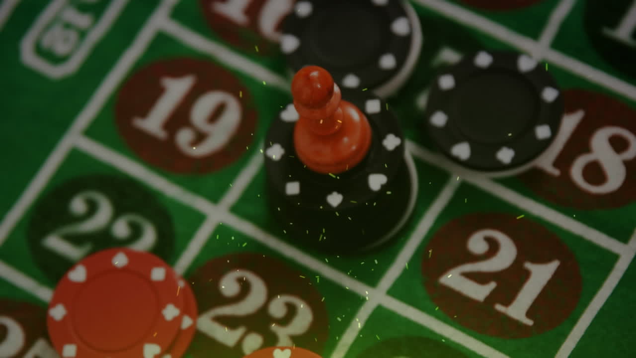 animación de confeti blanco sobre fichas de póquer y pieza de juego del jugador en la mesa de juego