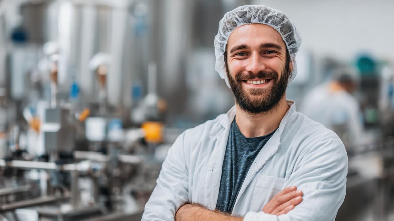 A confident worker smiles in a manufacturing facility, showcasing a friendly demeanor and professional attire, contributing to a productive and efficient work environment