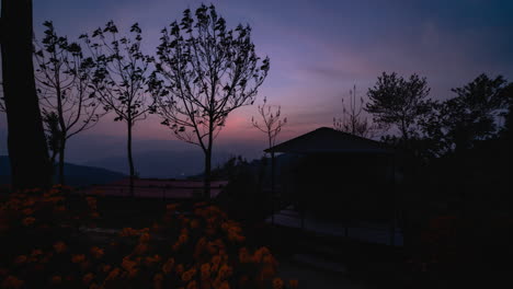 Evening-timelapse-of-sun-setting-down-followed-by-lights-glowing-up-in-a-valley-with-a-foreground-of-Flowers,-trees-and-a-tent-house