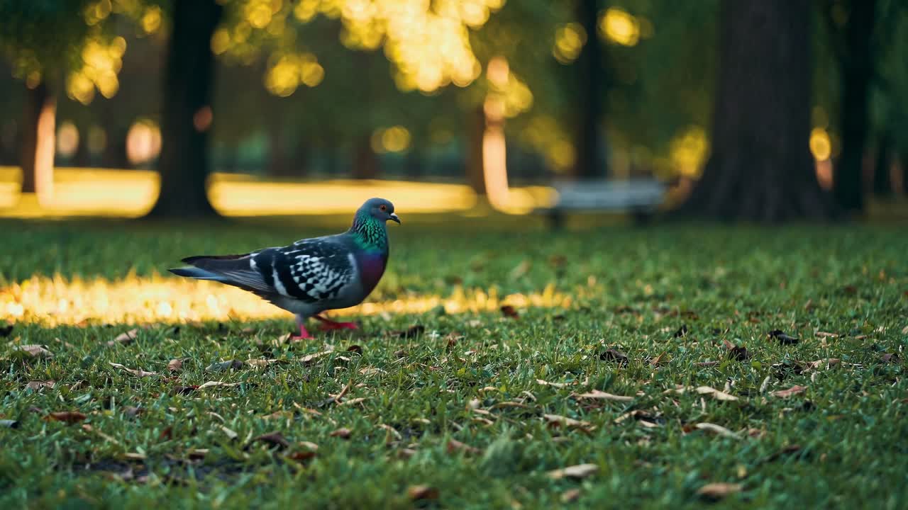 Low-angle video shot of a pigeon walking on grass in a sunlit park, with a blurred background