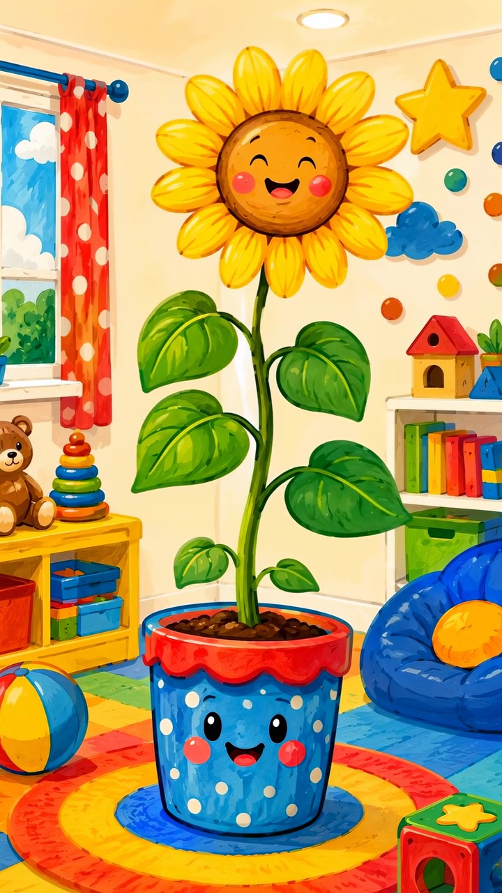 Um girassol amarelo alegre pisca enquanto se ergue no solo dentro de um vaso azul sorridente, com folhas verdes, brinquedos brilhantes, prateleiras, cortinas e uma janela ensolarada ao redor.