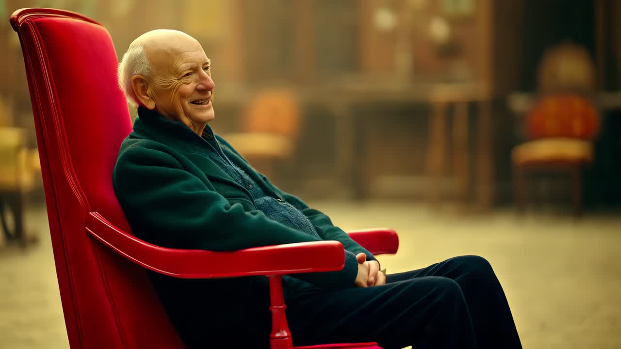 빨간 의자 에 미소 짓는 노인