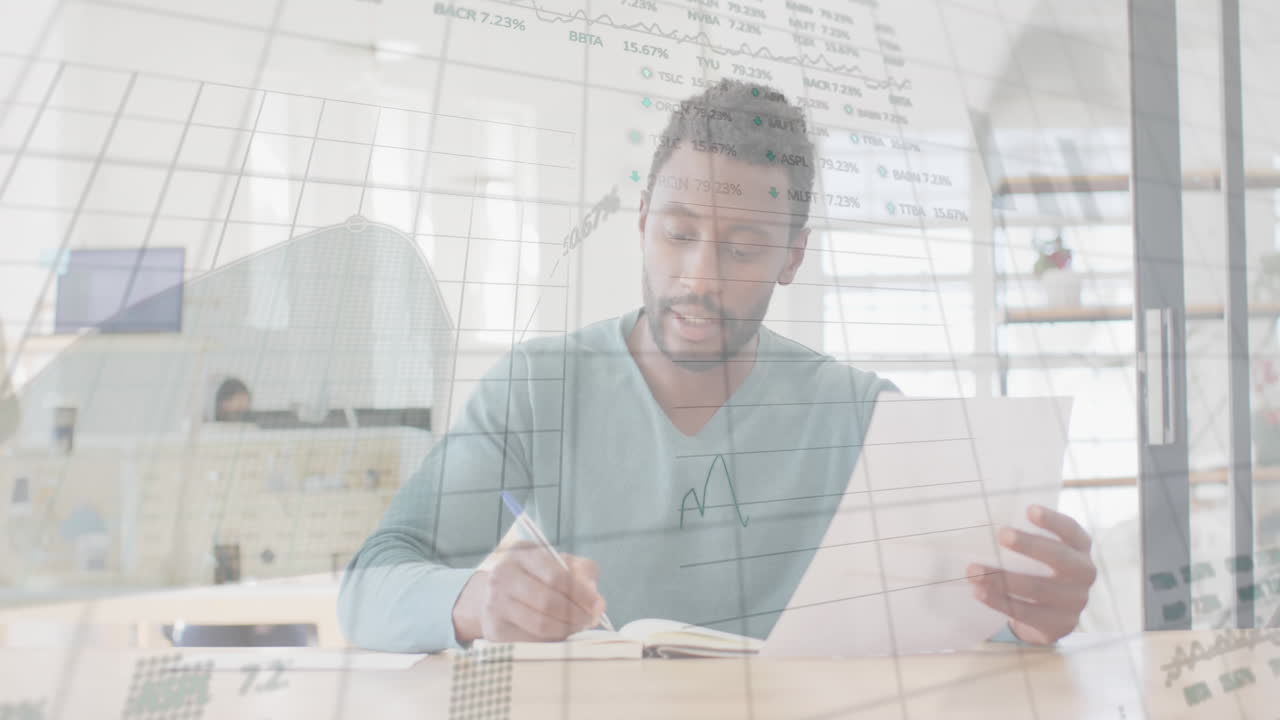 Animation of graphs, trading board, biracial man writing in notepad, talking while looking at camera