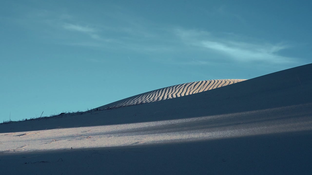 Ombre del tardo pomeriggio che attraversano una cresta minima di duna di sabbia 4K. La luce solare bassa proietta lunghe ombre su una duna di sabbia liscia con motivi ondulati sotto un cielo sereno.