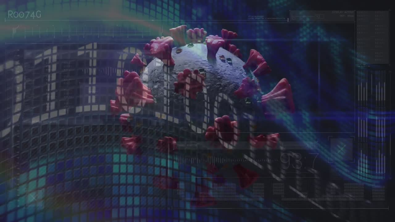 Digital composite video of Covid-19 cells moving against data processing in background