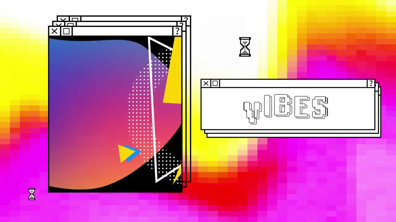 animación de vibraciones de texto y patrón abstracto en ventanas sobre escritorio rosa, rojo y amarillo