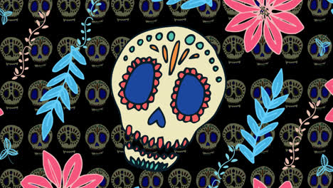 Animación-De-Calaveras-Decorativas-Y-Flores-Sobre-Fondo-Negro