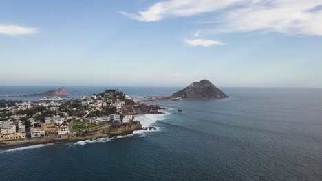 drone seascape of the seaside hill bay island, mazatlan mexico