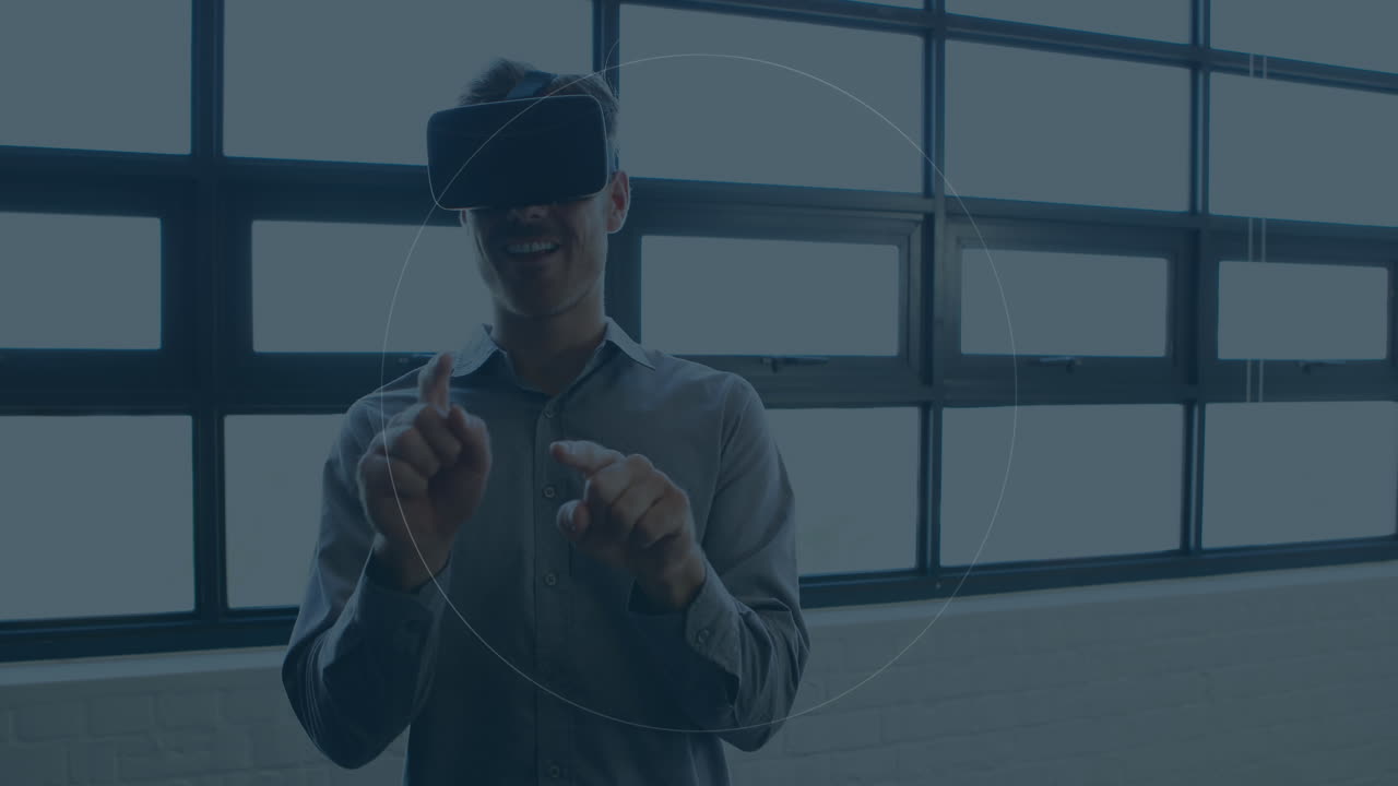 Animation of scopes scanning over businessman wearing vr headset
