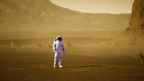 exploration on the surface of mars during a golden sunset hour