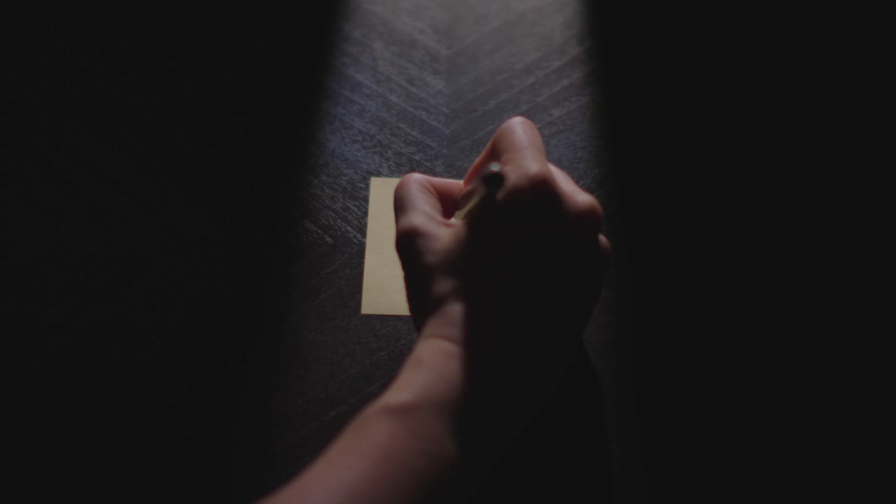Slow motion close up footage of a hand writing out "Happy St. Paddy's Day" on a paper note and placing it on a table. Shot in dramatic lighting for an impressive title or transition