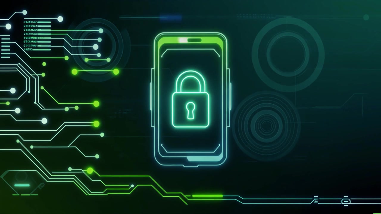 Digital Smartphone Security with Padlock and Circuit Board Animation