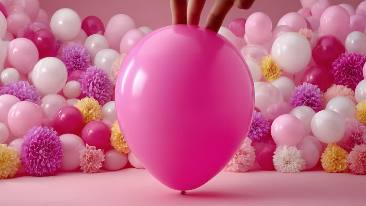 Un'esplosione vibrante di colori festosi con un palloncino rosa circondato da un assortimento di fiori e palline colorate in un ambiente allegro.