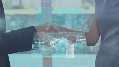 animación de pantallas digitales sobre diversas personas de negocios estrechando la mano