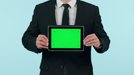 Businessman,-hands-and-tablet-with-green-screen