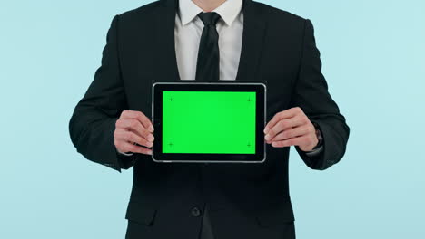 businessman, hands and tablet with green screen