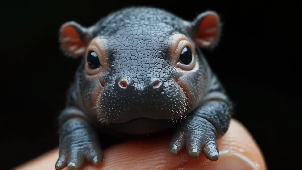 A baby hippo is sitting on a person's hand. The baby hippo is small and cute