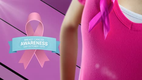 Animation-of-breast-cancer-awareness-day-text-with-pink-ribbon-and-woman-in-pink-t-shirt