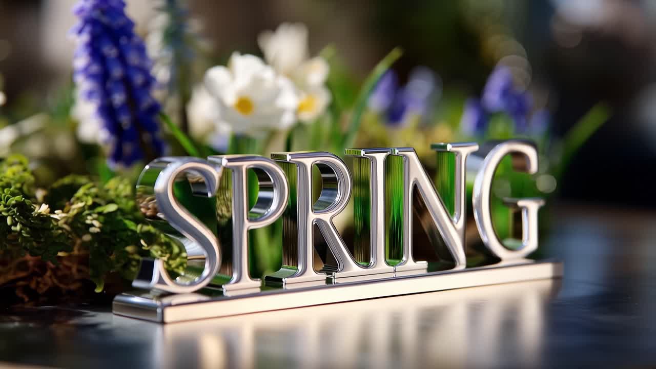 Spring letters gleam beside blooming flowers. Bright colors whisper renewal and hope. Greenery frames a season's fresh start. Ideal for seasonal promotions or nature themes