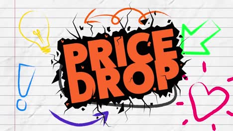 animation of orange text price drop, over colourful doodles on lined notebook page