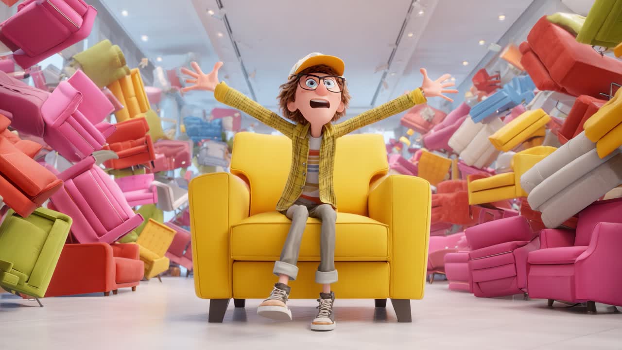 A Young Character Surrounded by an Avalanche of Colorful Furniture, Expressing Excitement and Surprise While Sitting Comfortably on a Bright Yellow Couch in a Chaotic Room Full of Recliners