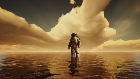 spaceman in the sea under clouds at sunset