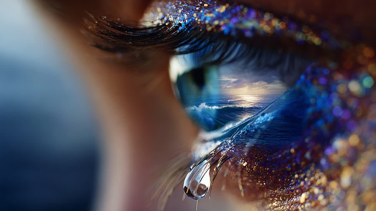 A Captivating Close-Up of an Eye with Sparkling Makeup and a Tear Reflecting a Serene Ocean Scene, Capturing the Beauty and Emotions of Nature and Human Expression